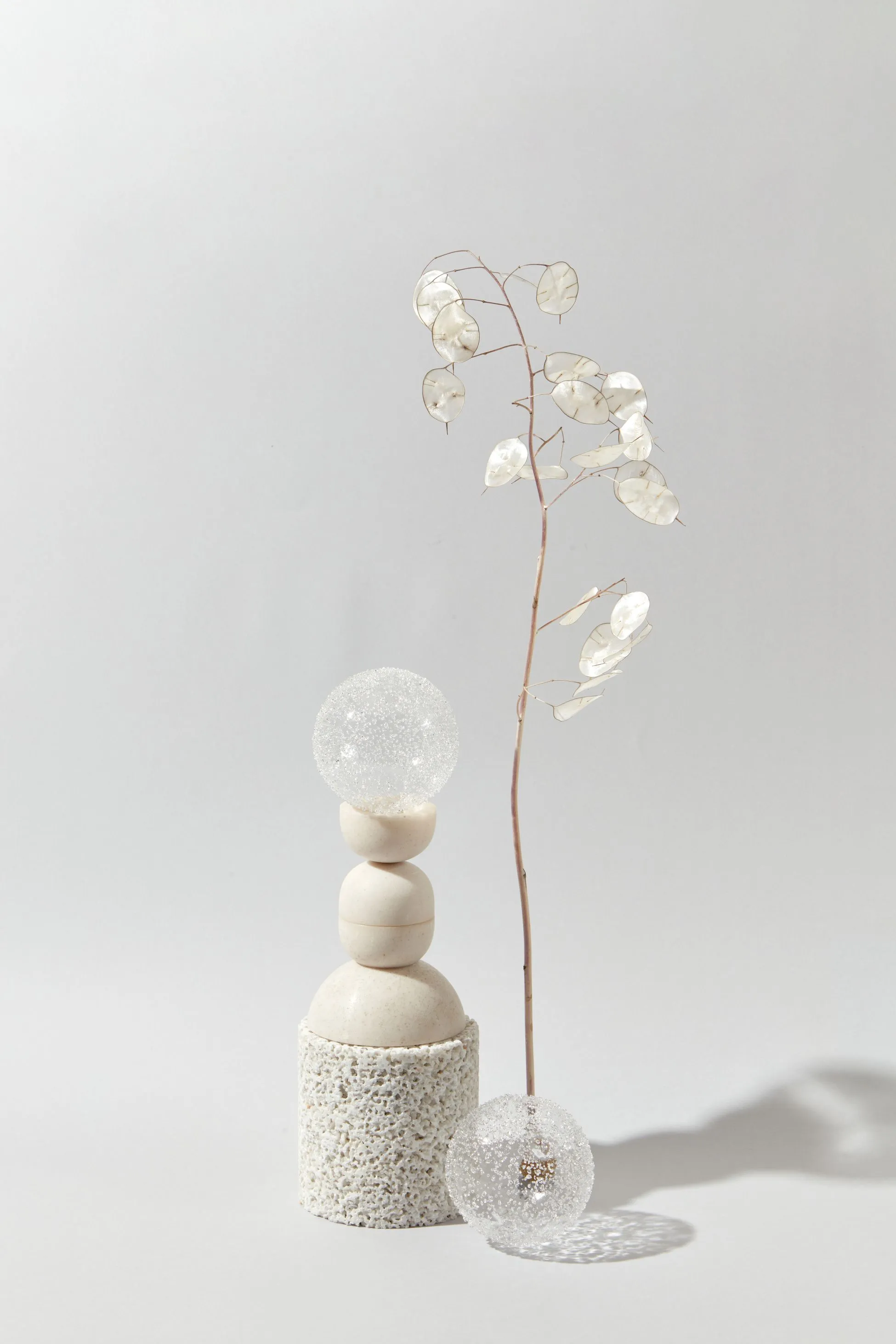 A white vase holds a green plant beside a small stone.